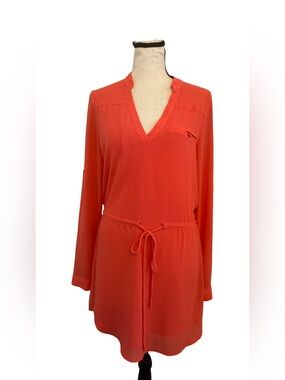 Bacio Naked Zebra Coral Shift Dress Small V Neck Tie Waist Roll Tab Sleeves